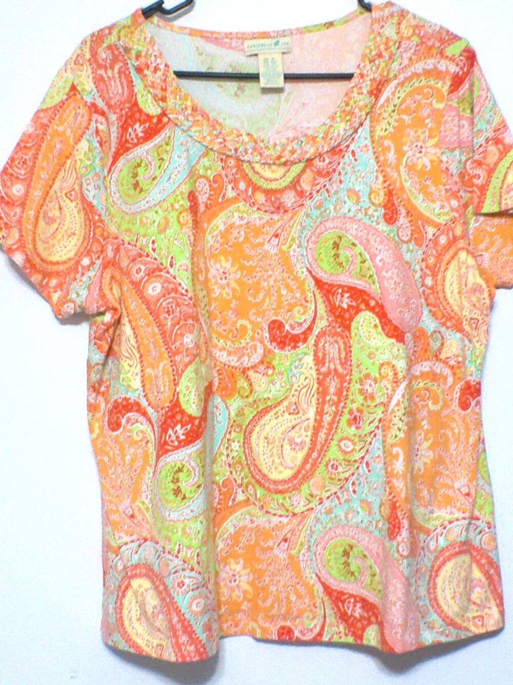 Caribbean Joe Women's Paisley Print Short Sleeve Top XL Orange Multicolor